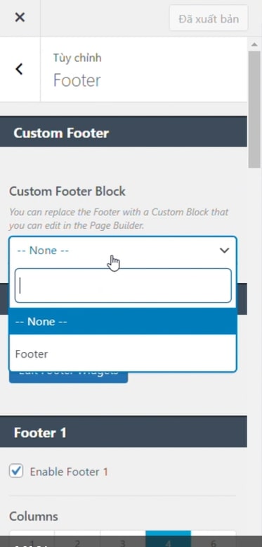 Chọn block Footer trong custom Footer