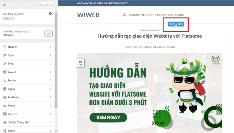 Di chuột vào phần header và chọn Header Main để vào mục tùy chỉnh header.