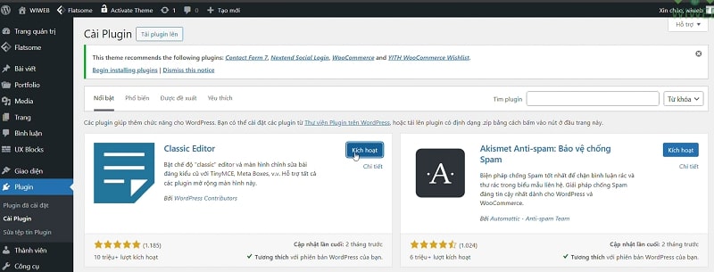 Kích hoạt plugin Classic Editor
