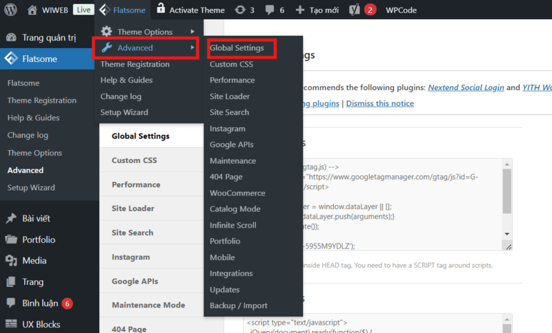 Hover chuột vào phần Flatsome, kéo chuột xuống phần advanced sau đó chọn global setting