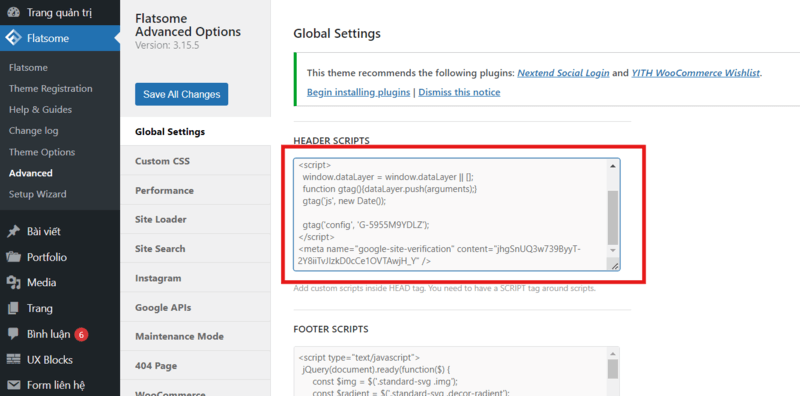 Dán đoạn mã meta vào phần Header Scripts