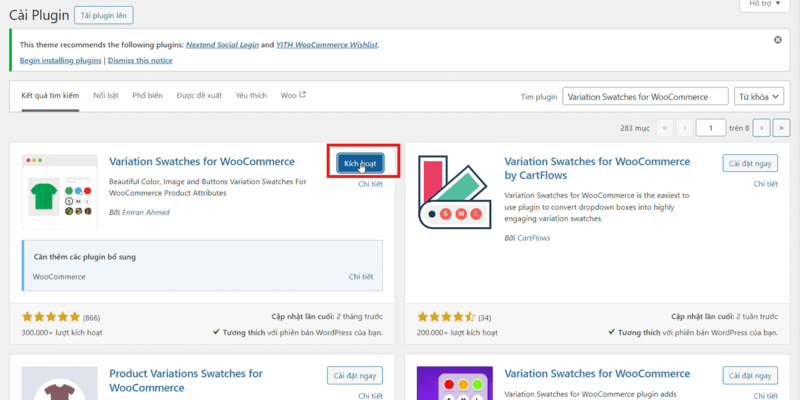 Cài Plugin Variation Swatches for WooCommerce