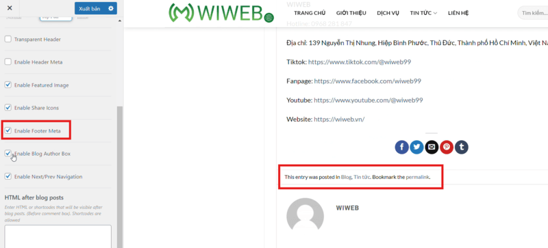 Trước khi chọn “Enable Footer Meta “