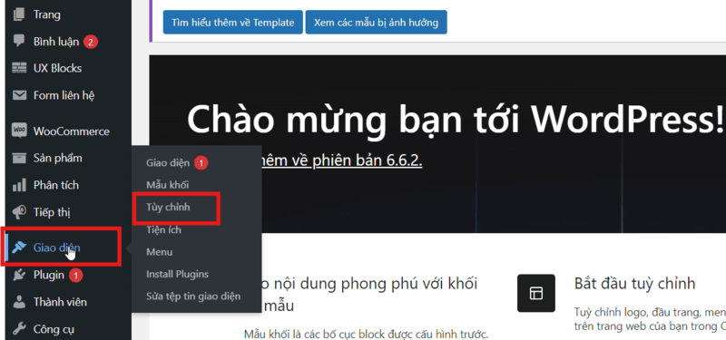 Chọn “Giao diện” sau đó chọn “Tùy chỉnh”