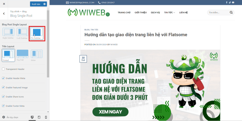 Chọn “No Sidebar” để Không hiển thị sidebar 