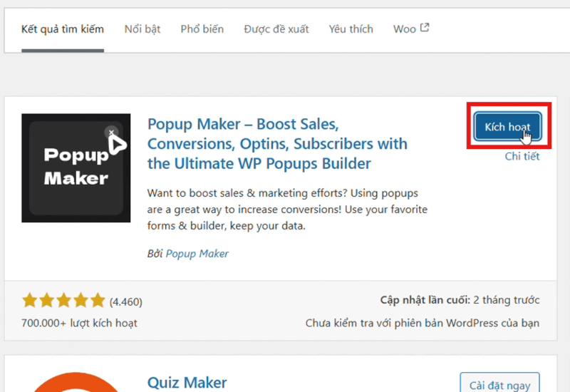 Kích hoạt Plugin Popup Maker