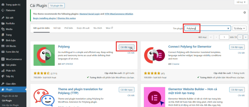 Tìm kiếm plugin Polylang.