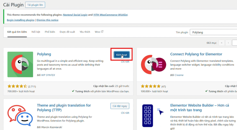 Kích hoạt Plugin Polylang