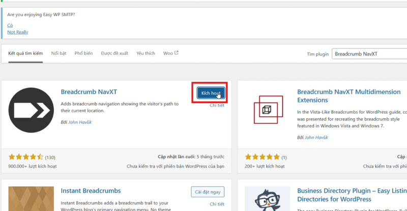 Kích hoạt plugin Breadcrumb NavXT