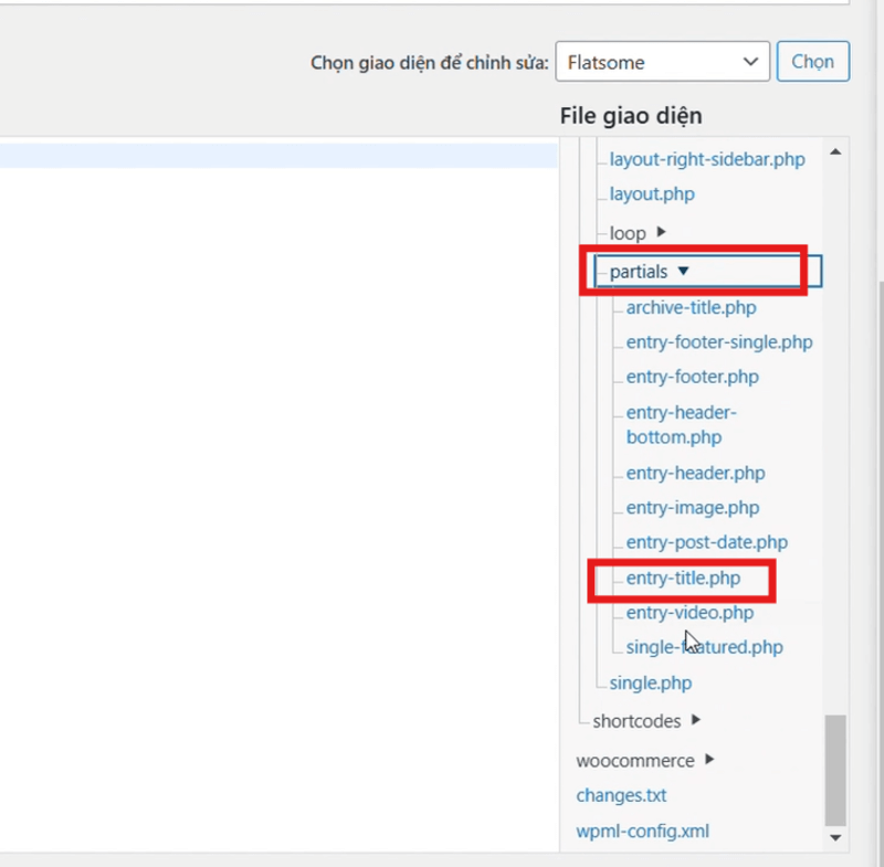 Truy cập partials, sau đó chọn file entry-title.php