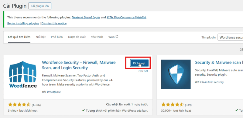 Kích hoạt Plugin Wordfence Security