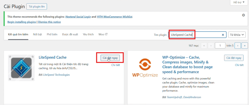 Tìm plugin Litespeed cache và chọn cài đặt