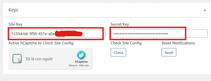 Nhập "Site Key" và "Secret Key"