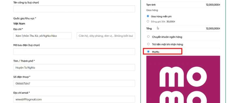 Phương thức thanh toán bằng MoMo đã được thêm