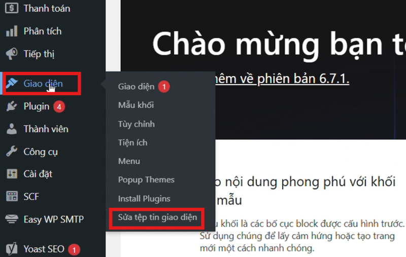 Truy cập giao diện sau đó chọn sửa tệp giao diện